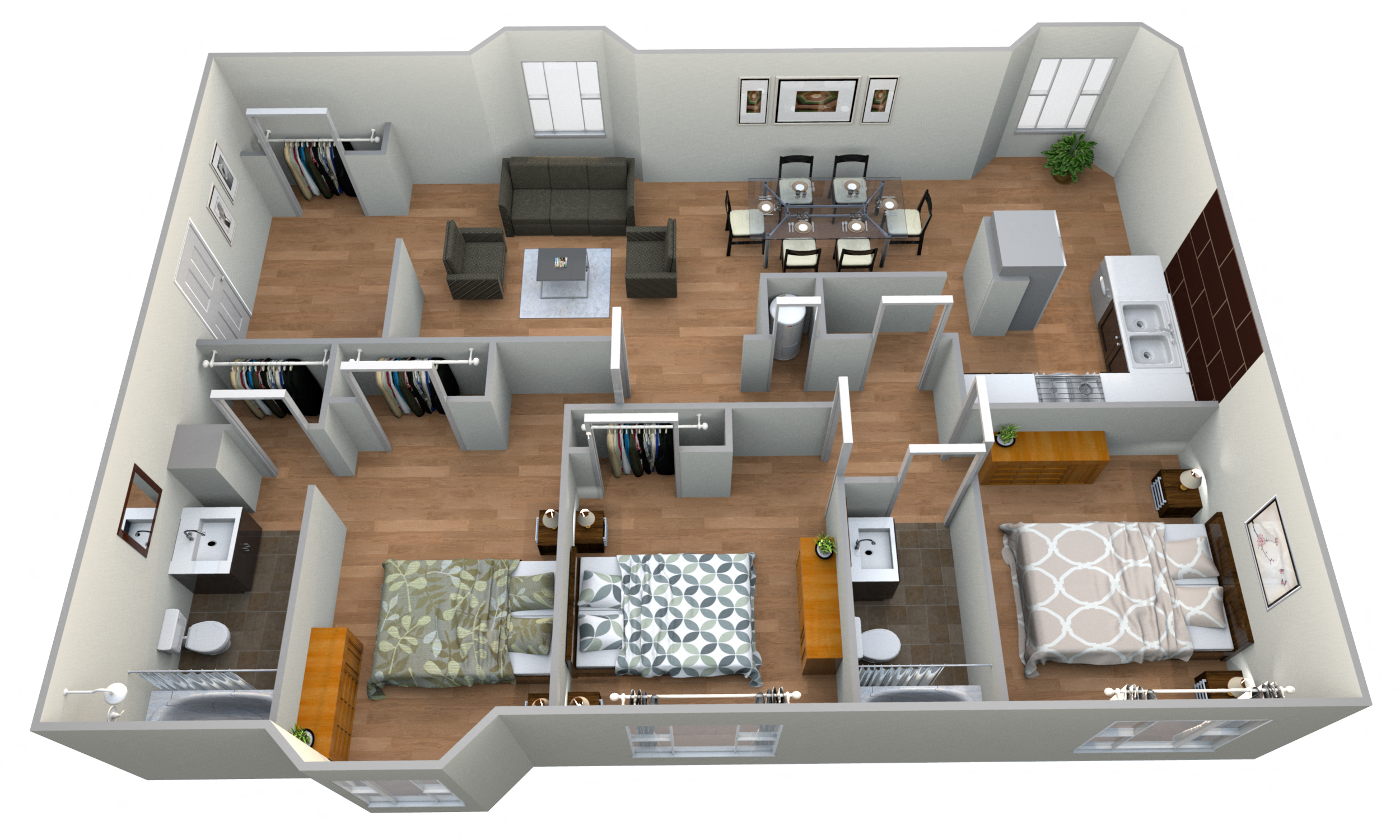 Floor plan for 3 beds, 2 baths, 1558 sqft
